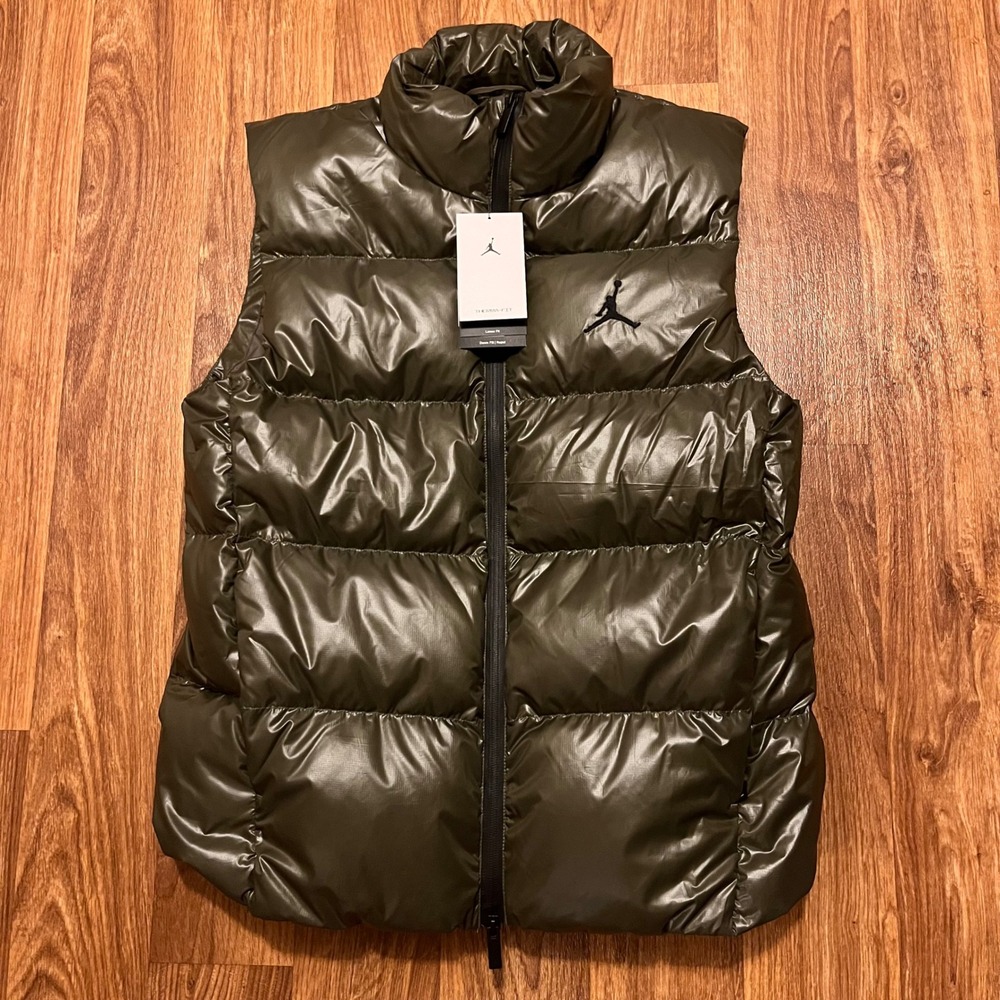 Jordan Puffer Vest Men Small Olive Green Shiny Full Zip Lightweight‎ Active